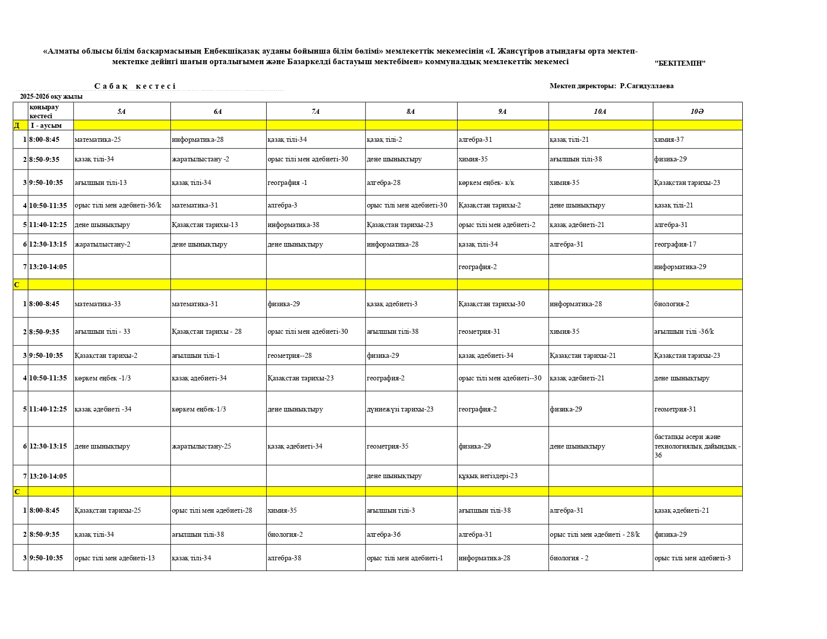 Сабақ кестесі 2025-2026 оқу жылы