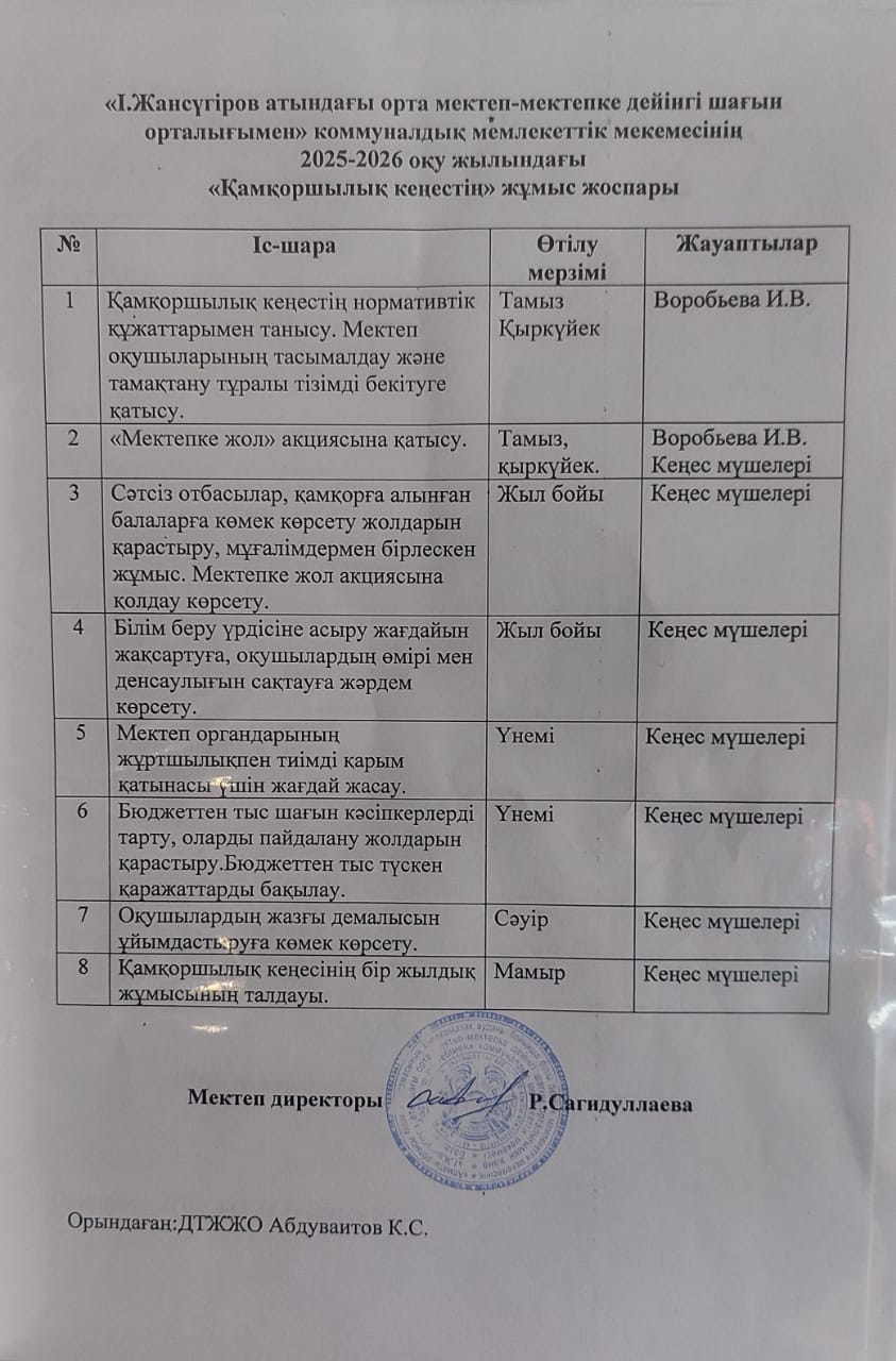 Қамқоршылық кеңес жұмыс жоспары 2025-2026