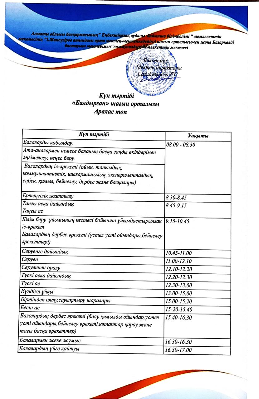 Балдырған шағын орталығы күн тәртібі 2025-2026