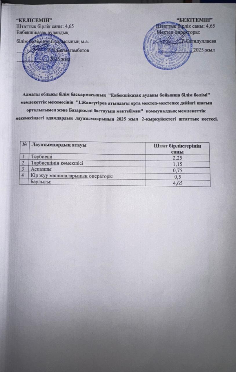 Штаттық кесте мини-центр, 2025-2026